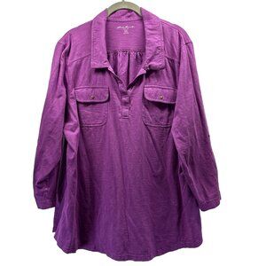 Eddie Bauer Women's Popover Top Size 2X Solid Pink V Neck Roll Tab 3/4 Sleeves